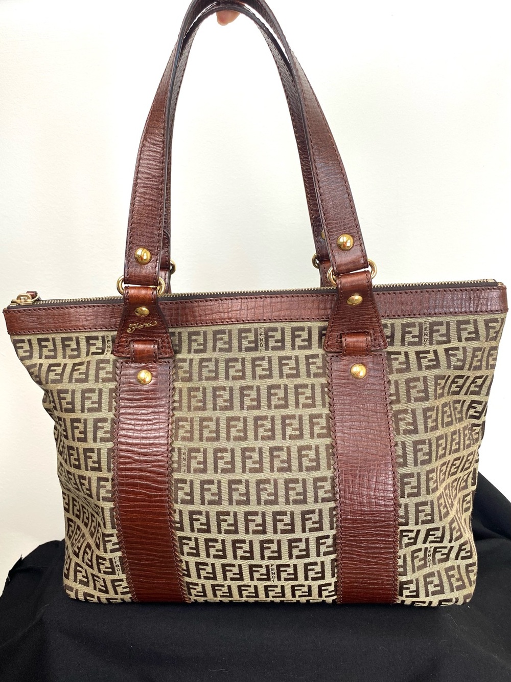 Fendi Vintage Zucca Monogram Tote Bag Brown Canvas & Leather Trim Dust Bag COA